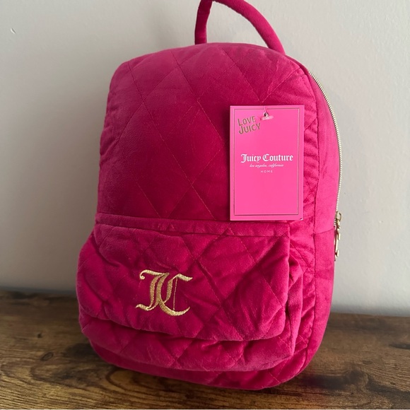 New Juicy Couture Faux Backpack Decorative Pillow Hot Pink Raspberry Gold Home - Picture 1 of 4